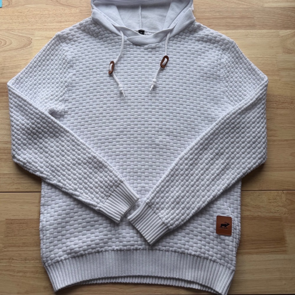 Knitted Hoodie Pullover Long Sleeve Sweater Men's Large White